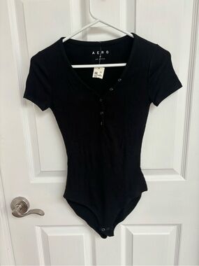 AERO Black Ribbed Short-Sleeve Bodysuit